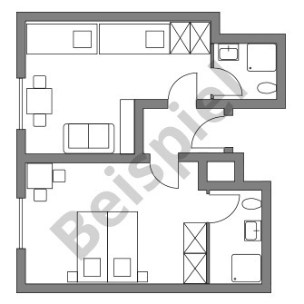 Grundriss Familien-Appartement mit Elternschlafzimmer und Kinderzimmer, zwei Badezimmer mit Dusche und Toilette.