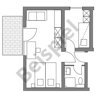 Grundriss Junior-Appartement mit Elternschlafzimmer, Kinderzimmer und Bad mit Dusche und Toilette.