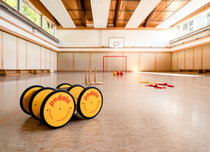 Leere, helle, hauseigene Sporthalle mit Pedalo-Balanciergerät im Vordergrund, Basketballkorb und Bällen im Hintergrund.